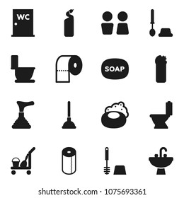 Flat vector icon set - soap vector, plunger, cleaner trolley, toilet, brush, cleaning agent, paper, water closet, sink