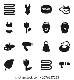 Flat vector icon set - soap vector, towel, leaf, swimsuite, tulip, pond, epilator, hair dryer