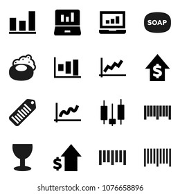 Flat vector icon set - soap vector, graph, japanese candle, laptop, dollar growth, glass, barcode