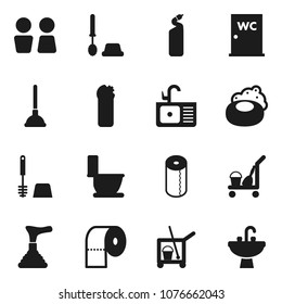 Flat vector icon set - soap vector, plunger, cleaner trolley, toilet, brush, cleaning agent, paper, water closet, sink