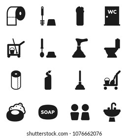 Flat vector icon set - soap vector, plunger, cleaner trolley, toilet, brush, cleaning agent, paper, water closet, sink