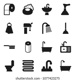 Flat vector icon set - soap vector, plunger, fetlock, towel, bath, toilet, paper, shower, sink, water tap, supply