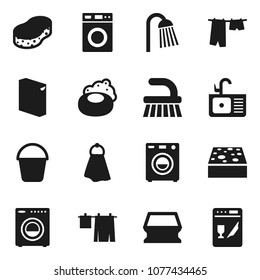 Flat vector icon set - soap vector, fetlock, bucket, sponge, towel, drying clothes, washer, washing powder, shower, sink, dishwasher