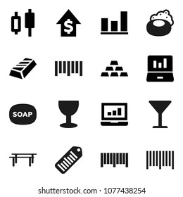 Flat vector icon set - soap vector, graph, gold ingot, japanese candle, laptop, dollar growth, horizontal bar, glass, barcode