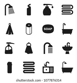 Flat vector icon set - soap vector, towel, bath, liquid, cleaning agent, toilet paper, shower, sink