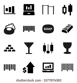 Flat vector icon set - soap vector, graph, gold ingot, japanese candle, laptop, dollar growth, horizontal bar, glass, barcode