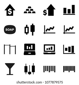 Flat vector icon set - soap vector, graph, japanese candle, laptop, dollar growth, gold ingot, horizontal bar, glass, barcode