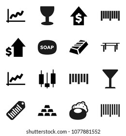 Flat vector icon set - soap vector, graph, gold ingot, japanese candle, dollar growth, horizontal bar, glass, barcode