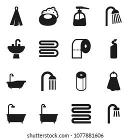 Flat vector icon set - soap vector, towel, bath, liquid, cleaning agent, toilet paper, shower, sink