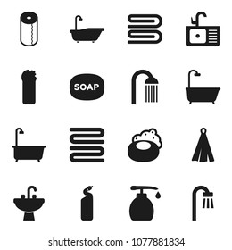 Flat vector icon set - soap vector, towel, bath, liquid, cleaning agent, toilet paper, shower, sink