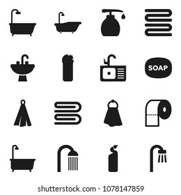 Flat vector icon set - soap vector, towel, bath, liquid, cleaning agent, toilet paper, shower, sink
