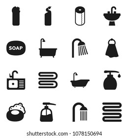Flat vector icon set - soap vector, towel, bath, liquid, cleaning agent, toilet paper, shower, sink