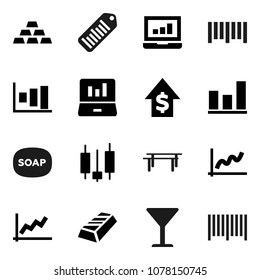 Flat vector icon set - soap vector, graph, gold ingot, japanese candle, laptop, dollar growth, horizontal bar, glass, barcode