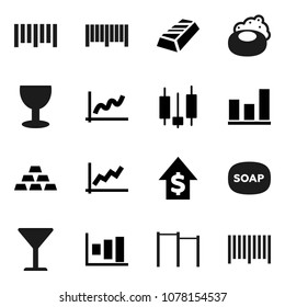 Flat vector icon set - soap vector, graph, gold ingot, japanese candle, dollar growth, horizontal bar, glass, barcode