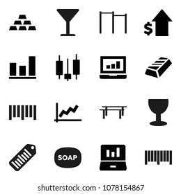 Flat vector icon set - soap vector, graph, gold ingot, japanese candle, laptop, dollar growth, horizontal bar, glass, barcode