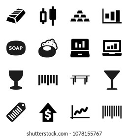 Flat vector icon set - soap vector, graph, gold ingot, japanese candle, laptop, dollar growth, horizontal bar, glass, barcode