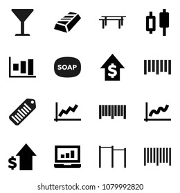 Flat vector icon set - soap vector, graph, gold ingot, japanese candle, laptop, dollar growth, horizontal bar, glass, barcode