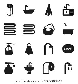 Flat vector icon set - soap vector, towel, bath, liquid, toilet paper, shower, sink