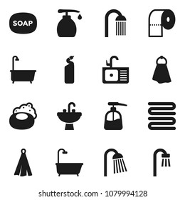 Flat vector icon set - soap vector, towel, bath, liquid, cleaning agent, toilet paper, shower, sink