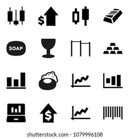 Flat vector icon set - soap vector, graph, gold ingot, Japanese candle, laptop, dollar growth, horizontal bar, glass, barcode
