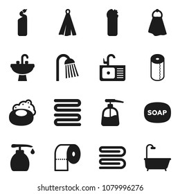 Flat vector icon set - soap vector, towel, liquid, cleaning agent, toilet paper, shower, sink, bath
