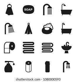 Flat vector icon set - soap vector, towel, bath, liquid, cleaning agent, toilet paper, shower, sink