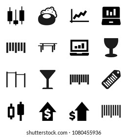 Flat vector icon set - soap vector, graph, japanese candle, laptop, dollar growth, horizontal bar, glass, barcode