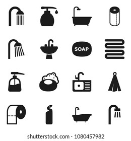 Flat vector icon set - soap vector, bath, liquid, cleaning agent, toilet paper, shower, sink, towel