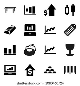Flat vector icon set - soap vector, graph, gold ingot, japanese candle, laptop, dollar growth, horizontal bar, glass, barcode