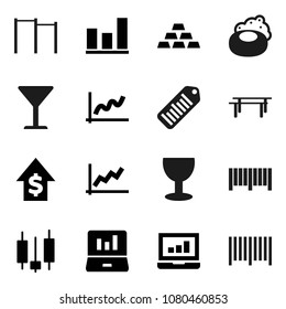 Flat vector icon set - soap vector, graph, japanese candle, laptop, dollar growth, gold ingot, horizontal bar, glass, barcode