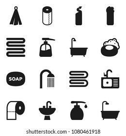Flat vector icon set - soap vector, towel, bath, liquid, cleaning agent, toilet paper, shower, sink