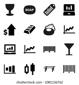 Flat vector icon set - soap vector, graph, gold ingot, japanese candle, laptop, dollar growth, horizontal bar, glass, barcode