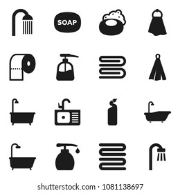 Flat vector icon set - soap vector, towel, bath, liquid, cleaning agent, toilet paper, shower, sink