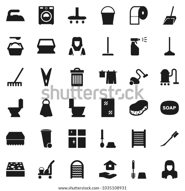 Flat vector icon set - soap vector, cleaner\
trolley, vacuum, mop, scoop, rake, bucket, clothespin, sponge,\
towel, trash bin, car fetlock, window cleaning, iron, toilet,\
drying clothes, brush,\
washer