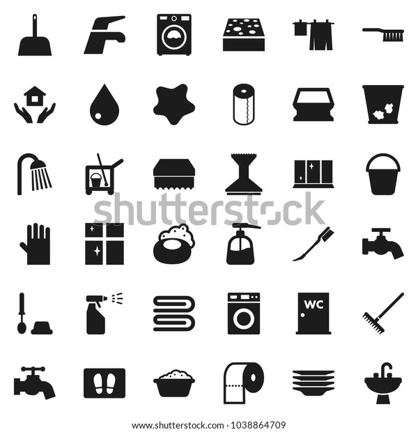Flat vector icon set - soap vector, cleaner\
trolley, water tap, fetlock, rake, scoop, bucket, sponge, towel,\
trash bin, drop, car, splotch, welcome mat, drying clothes, toilet\
brush, washer, liquid