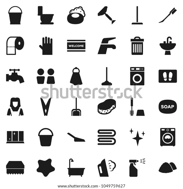 Flat vector icon set - soap vector, scraper, water\
tap, mop, scoop, bucket, clothespin, sponge, towel, trash bin, car\
fetlock, shining, splotch, welcome mat, steaming, bath, toilet,\
brush, washer