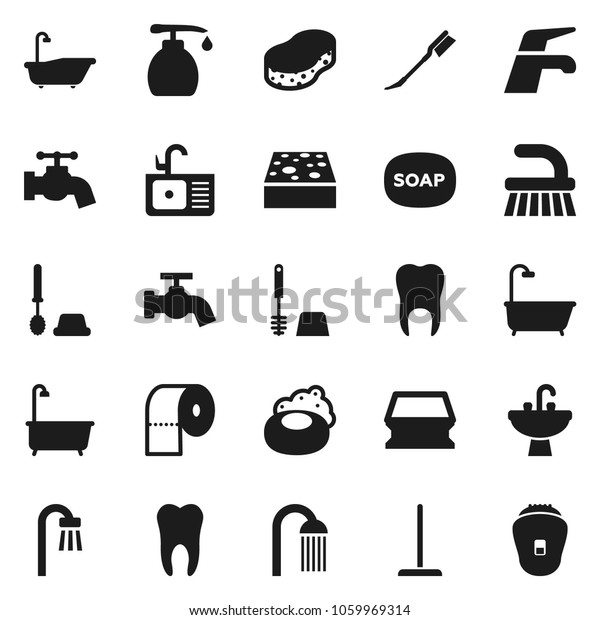 Flat vector icon set - soap vector, water tap,\
fetlock, mop, sponge, car, bath, toilet brush, liquid, paper,\
shower, sink, tooth,\
epilator