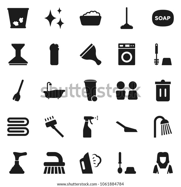 Flat vector icon set - soap vector, plunger,
scraper, broom, vacuum cleaner, fetlock, mop, scoop, towel, trash
bin, car, shining, steaming, bath, toilet brush, washer, foam
basin, sprayer, shower