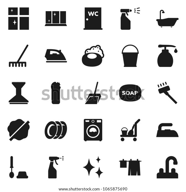 Flat vector icon set - soap vector, cleaner\
trolley, vacuum, scoop, rake, bucket, car fetlock, shining,\
splotch, iron, bath, drying clothes, toilet brush, washer, liquid,\
sprayer, cleaning agent