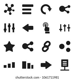 Flat vector icon set - sorting vector, settings, touchscreen, social media, favorites, menu, share, arrow, redo, chain, network document