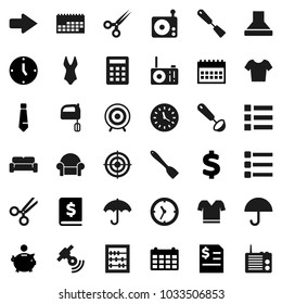 Flat vector icon set - spatula vector, ladle, mixer, abacus, piggy bank, annual report, clock, tie, calendar, dollar sign, swimsuite, t shirt, target, umbrella, radio, satellitie, scissors, menu