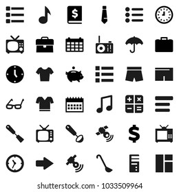 Flat vector icon set - spatula vector, ladle, glasses, music, piggy bank, case, annual report, clock, tie, calendar, dollar sign, shorts, t shirt, umbrella, satellitie, tv, menu, arrow, calculator