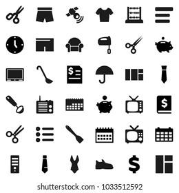 Flat vector icon set - spatula vector, ladle, mixer, scissors, abacus, piggy bank, annual report, clock, tie, calendar, dollar sign, snickers, shorts, swimsuite, t shirt, umbrella, satellitie, tv