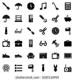 Flat vector icon set - spatula vector, ladle, mixer, glasses, scissors, abacus, music, piggy bank, case, clock, tie, snickers, shorts, swimsuite, target, umbrella, satellitie, tv, menu, calculator