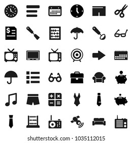 Flat vector icon set - spatula vector, ladle, glasses, scissors, abacus, music, piggy bank, case, annual report, clock, tie, shorts, swimsuite, target, calendar, umbrella, satellitie, tv, menu