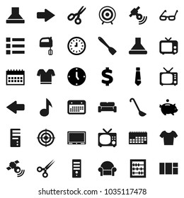 Flat vector icon set - spatula vector, ladle, mixer, glasses, scissors, abacus, music, piggy bank, clock, tie, calendar, dollar sign, t shirt, target, satellitie, tv, arrow, cushioned furniture