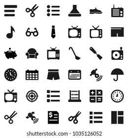 Flat vector icon set - spatula vector, ladle, glasses, scissors, abacus, music, piggy bank, annual report, clock, tie, calendar, snickers, shorts, target, umbrella, radio, satellitie, tv, menu, hood