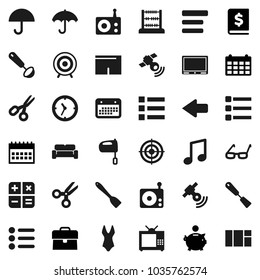 Flat vector icon set - spatula vector, ladle, mixer, glasses, scissors, abacus, music, piggy bank, case, annual report, calendar, shorts, swimsuite, target, clock, umbrella, radio, satellitie, menu
