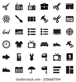 Flat vector icon set - spatula vector, mixer, glasses, scissors, case, annual report, clock, calendar, snickers, shorts, swimsuite, t shirt, target, umbrella, satellitie, tv, menu, arrow, computer