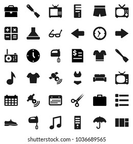 Flat vector icon set - spatula vector, mixer, glasses, music, case, annual report, clock, calendar, snickers, shorts, swimsuite, t shirt, umbrella, satellitie, scissors, menu, arrow, tv, calculator